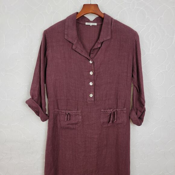 VTG Subtle Tones Linen Shirt Dress Womens S/M Purple Button Front Lagenlook Maxi - Picture 12 of 14